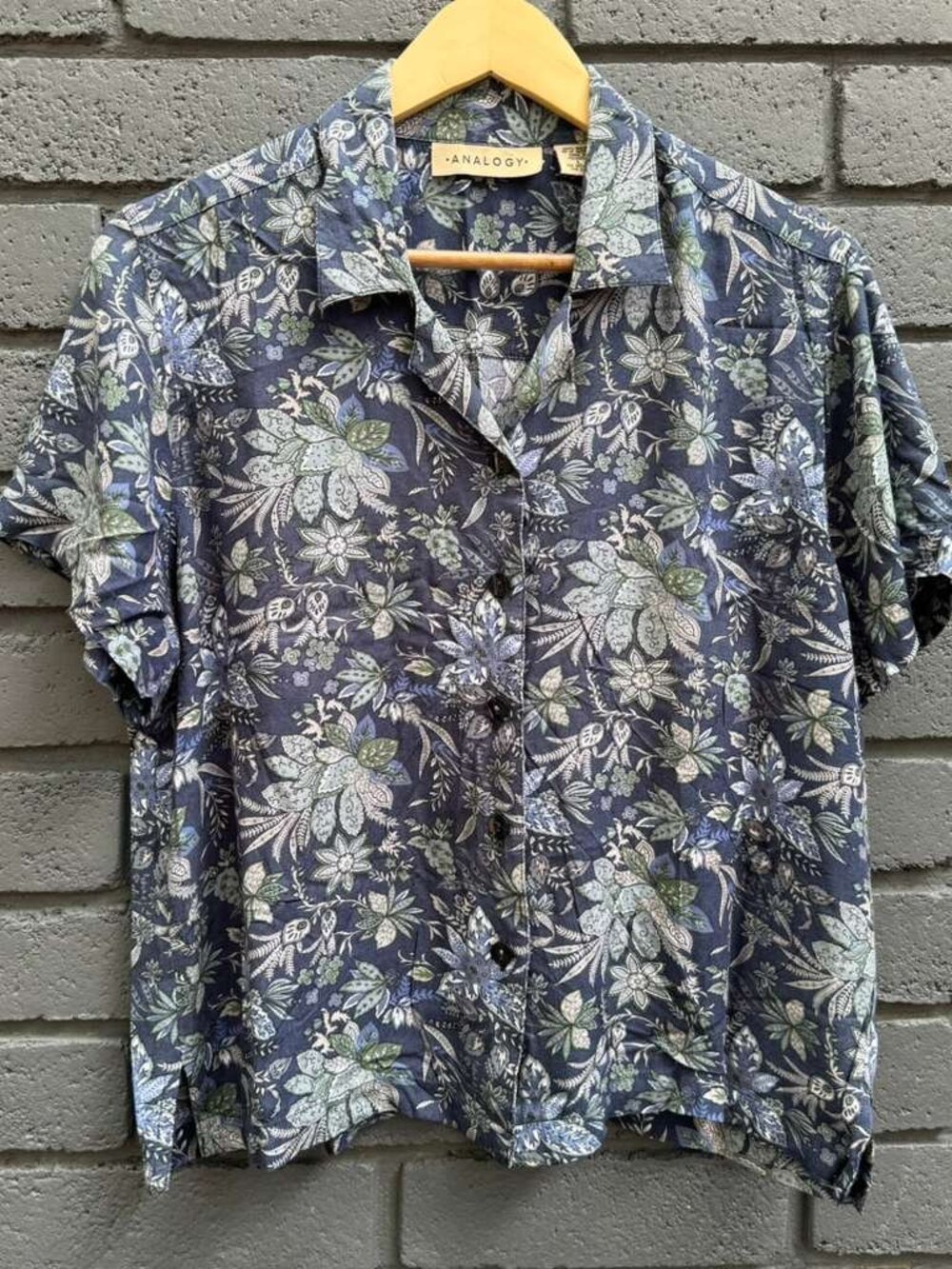 Vintage  ANALOGY Floral Tropical Hawaiian Rayon Button Up Blouse Resort Beach L
